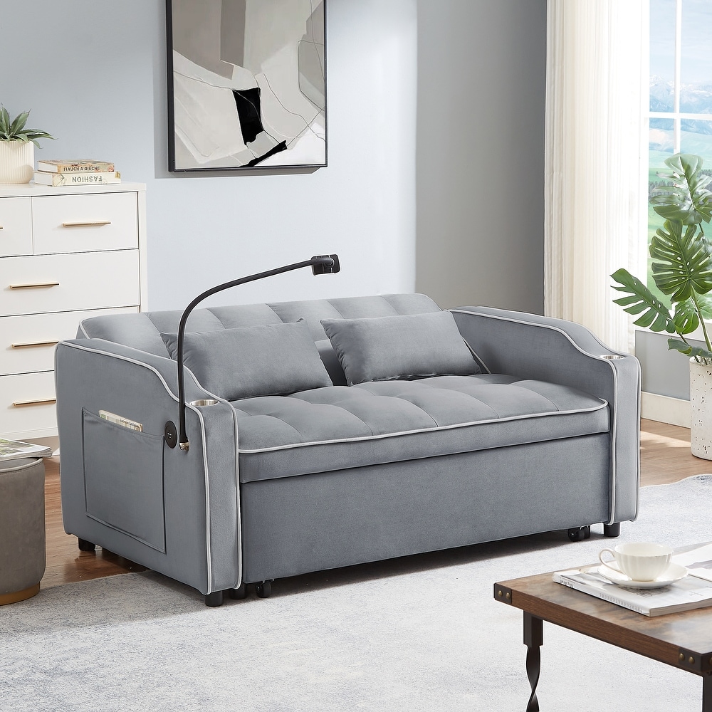 Full Size Upholstered Button Tufted Sofa Bed with Drawers and Waved Shape  Arms, Gray - ModernLuxe