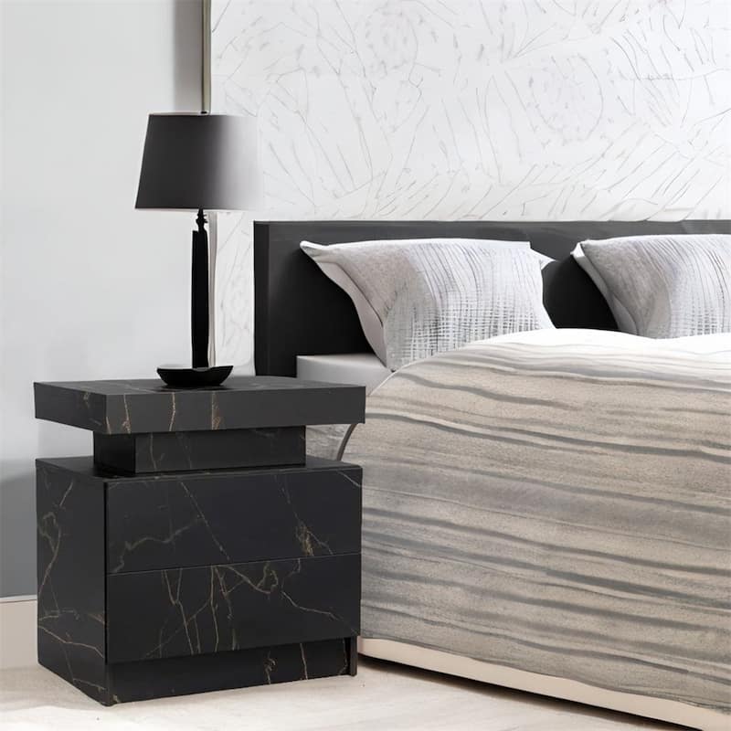 Modern Bedroom Nightstand with LED Lights Decoration and 2 Drawers