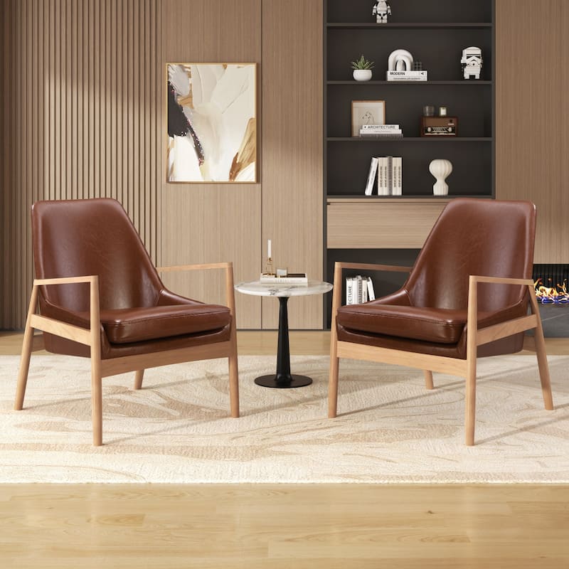 Faux Leather Accent Chair Set of 2, Upholstered Armchair with Wood Frame, High Back Reading Leisure Chair for Living Room