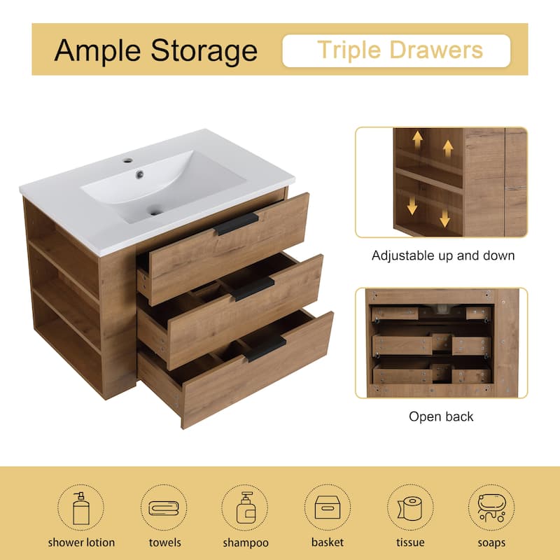Malwee 30" Floating Bathroom Vanity, Wall Mounted Bathroom Vanity with Resin Sink,Soft Close Drawers and Side Adjustable Shelves
