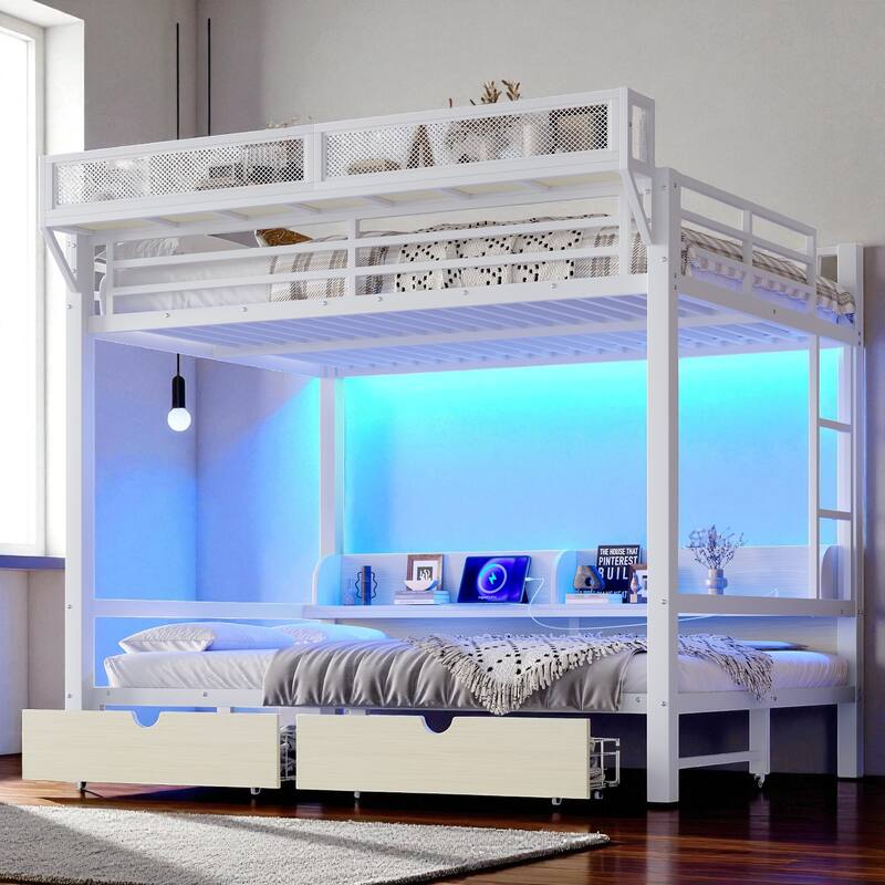 Queen over Queen/Twin XL over Twin XL Metal Bunk Bed with Storage Shelves, Drawers, USB Ports & LED Lights