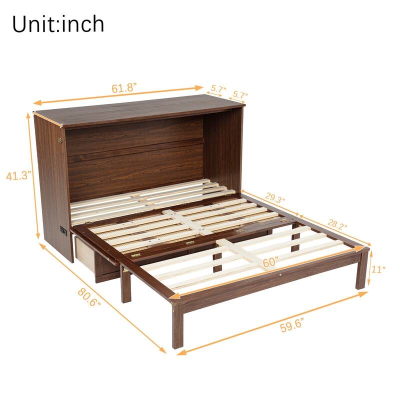 Murphy Bed Cabinet with Large Storage Drawer, Wood Hideaway Wall Bed Frame with USB Ports, Rattan Decoration Panel