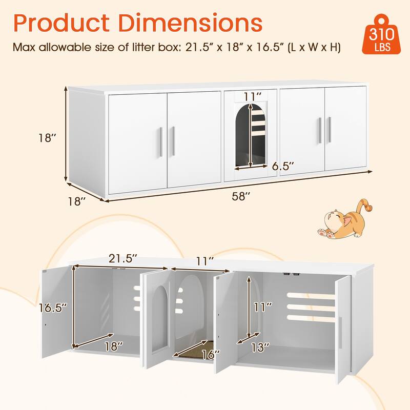 White Engineered Wood Cat Litter Box Cabinet with Double Rooms and Scratcher