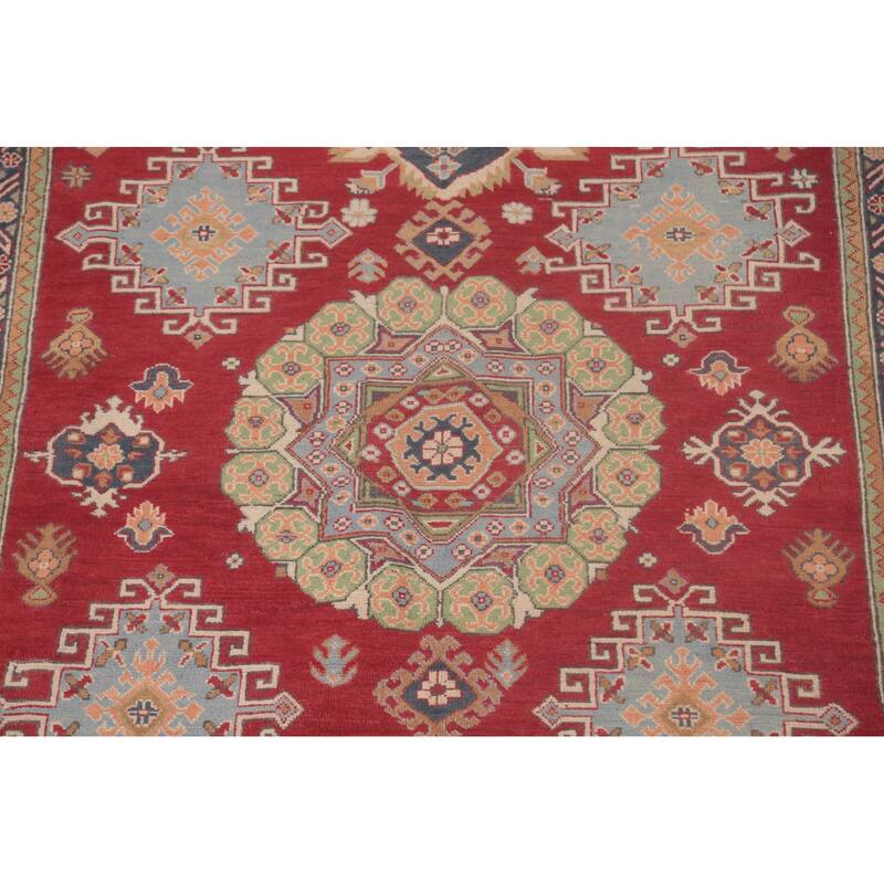 Red Geometric Kazak Oriental Area Rug Handmade Wool Carpet - 6'4" x 9'9"