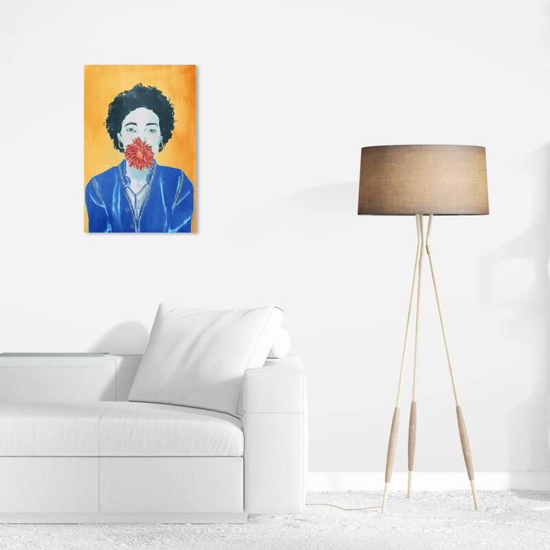 Wynwood Studio Canvas Floral and Botanical Silence with a Flower Golden Blue and Modern & Contemporary Wall Art Canvas Print - 24 x 16