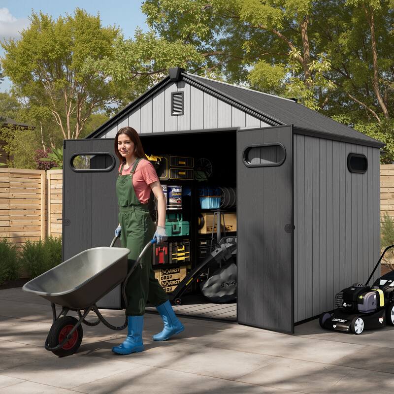 8' x 8' / 8' x 10'/ 8' x 12' Outdoor Storage Shed with Lockable Double Doors for Garden, Backyard, Patio - 8' x 8' - Light Grey