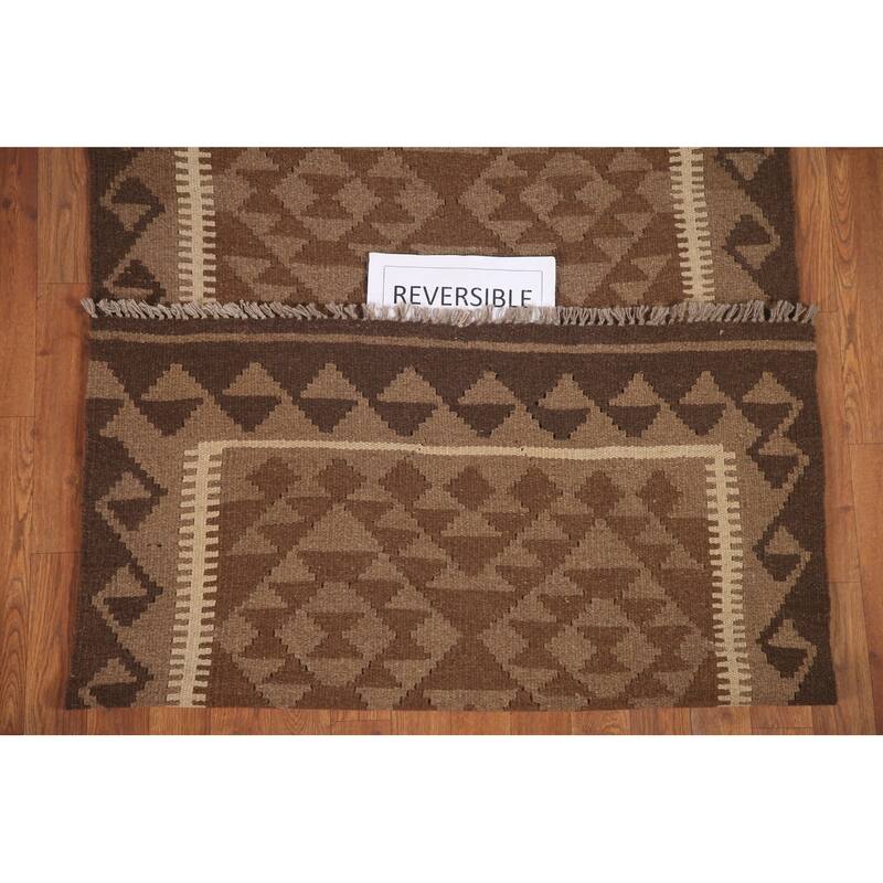 Geometric Kilim Oriental Runner Rug Flat-weave Brown Wool Carpet - 3'5" x 6'7"