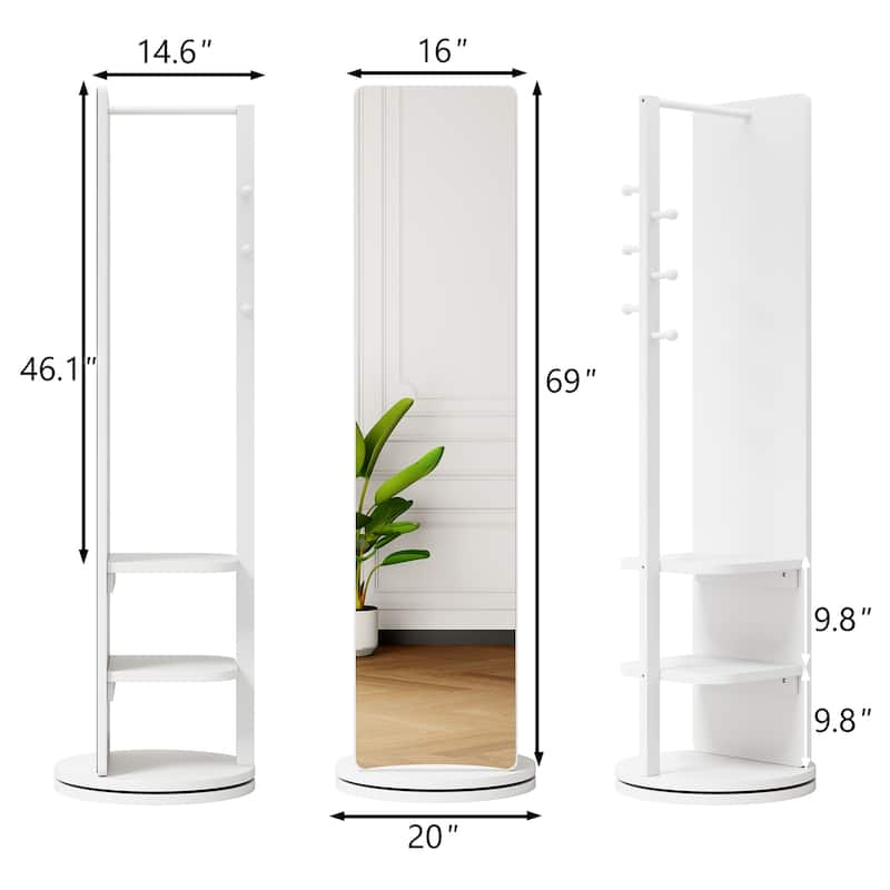 360 Rotating Multifunctional Full Length Mirror with Hook Storage Rack Coat Rack