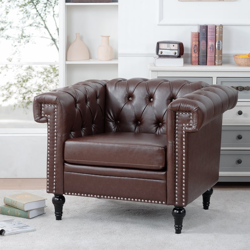 Brown PU Modern 38.98" Upholstered Buttons Tufted Accent Chair with Gourd Shaped Birch Legs and Nailheads