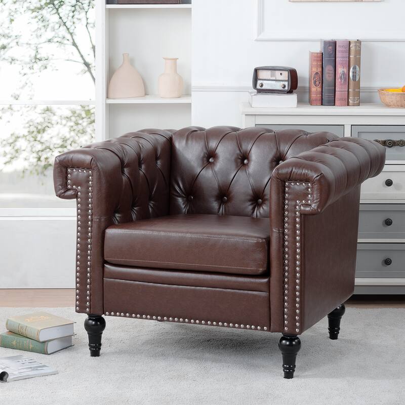 PU Leather Rolled Arms Accent Chairs Comfortable Living Room Arm Chairs with Nailhead Trim Design