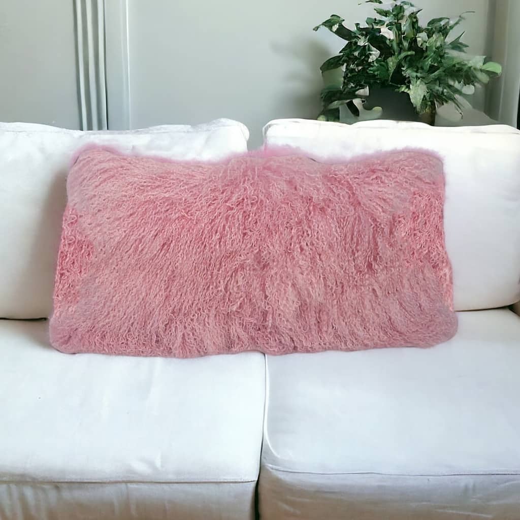 HomeRoots 15" X 25" Pink Lambswool Down Throw Pillow