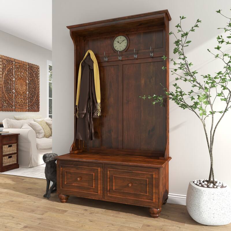 Brown Wood Large Tall Bench Storage 5 Hook and 2 Drawer Freestanding Coat Rack with Cream Clock