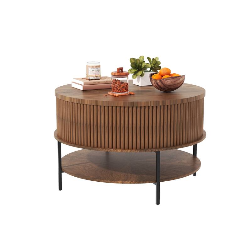 31.5 Inch Farmhouse Brown Lift Top Coffee Table, Round Storage Cocktail Table with Sturdy Steel Legs, for Living Room