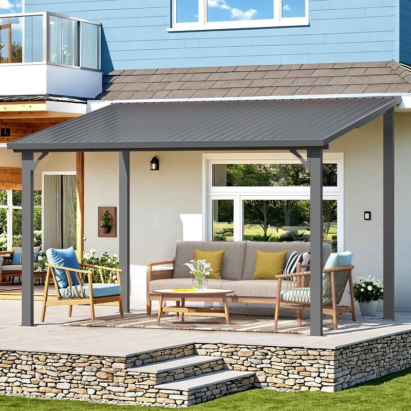 AECOJOY Hardtop Gazebo Outdoor Metal Lean to Pergola Galvanized Steel Roof - 12' x 8'
