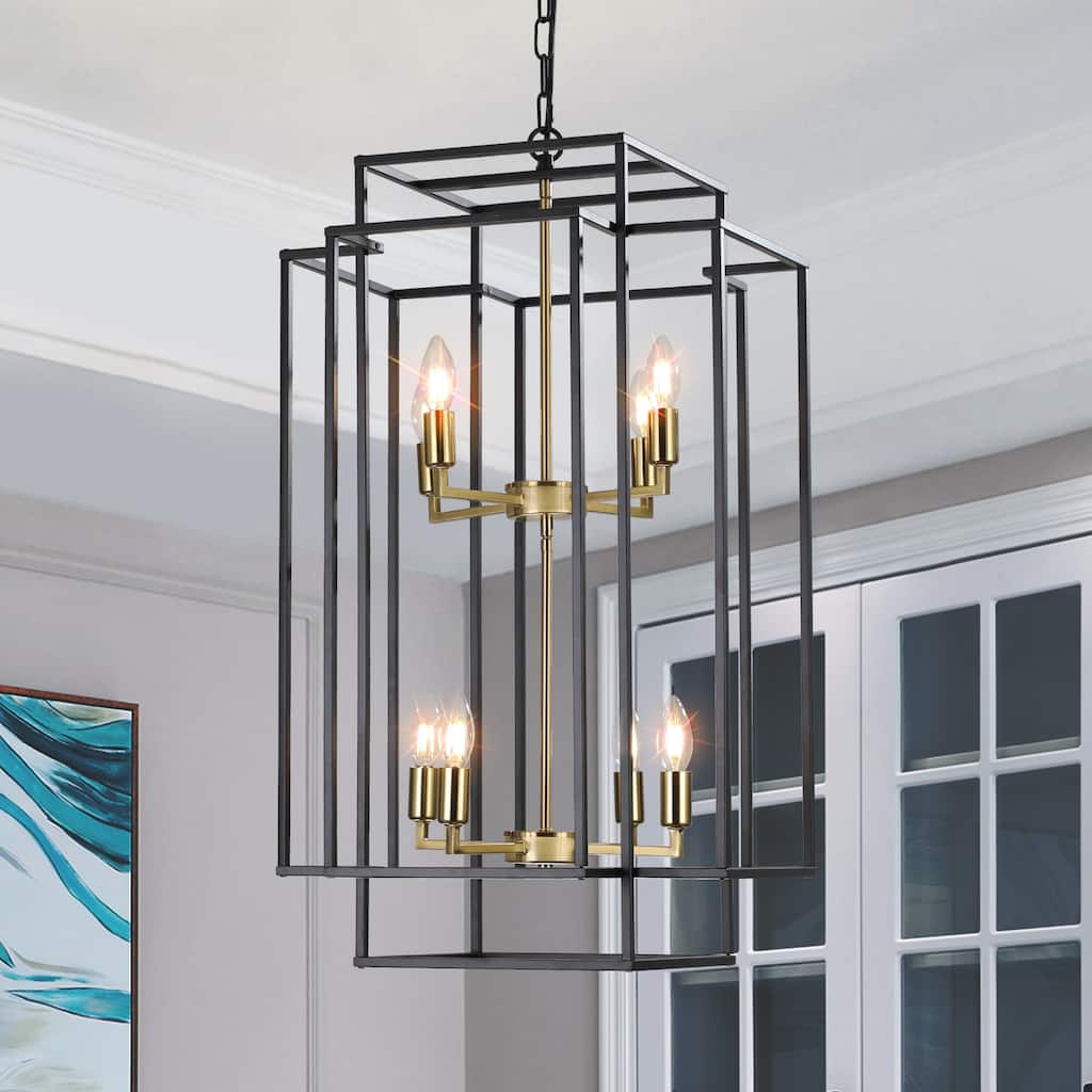 8-Lights Black & Gold Lantern Tiered Pendant Light Fixtures, Industrial Farmhouse Hanging Chandelier (No Bulbs)