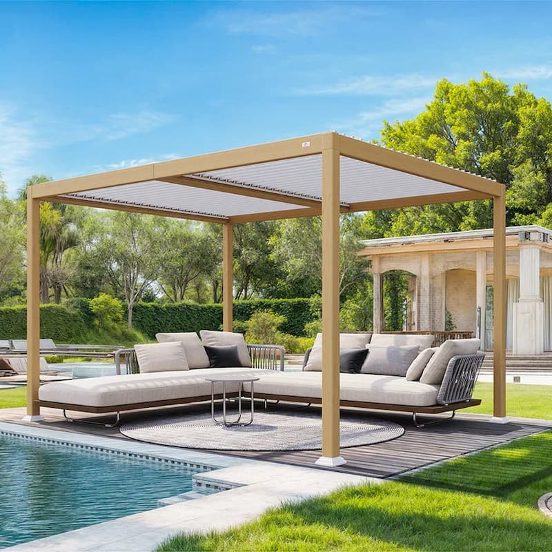 PURPLE LEAF Louvered Pergola Sun Shade Shelter with Adjustable Metal Roof for Patio Hardtop Pergola - 10' x 12' - Wood Grain