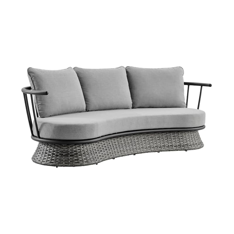 Giotto Gray Wicker and Aluminum Outdoor Curved Sofa with Cushions