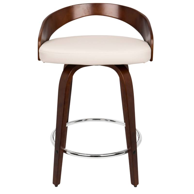 Carson Carrington Stavanger 24" Fixed-Height Counter Stool with Bent Wood Legs & Round Footrest (Set of 2) - White PU/Mahogany Wood/Chrome