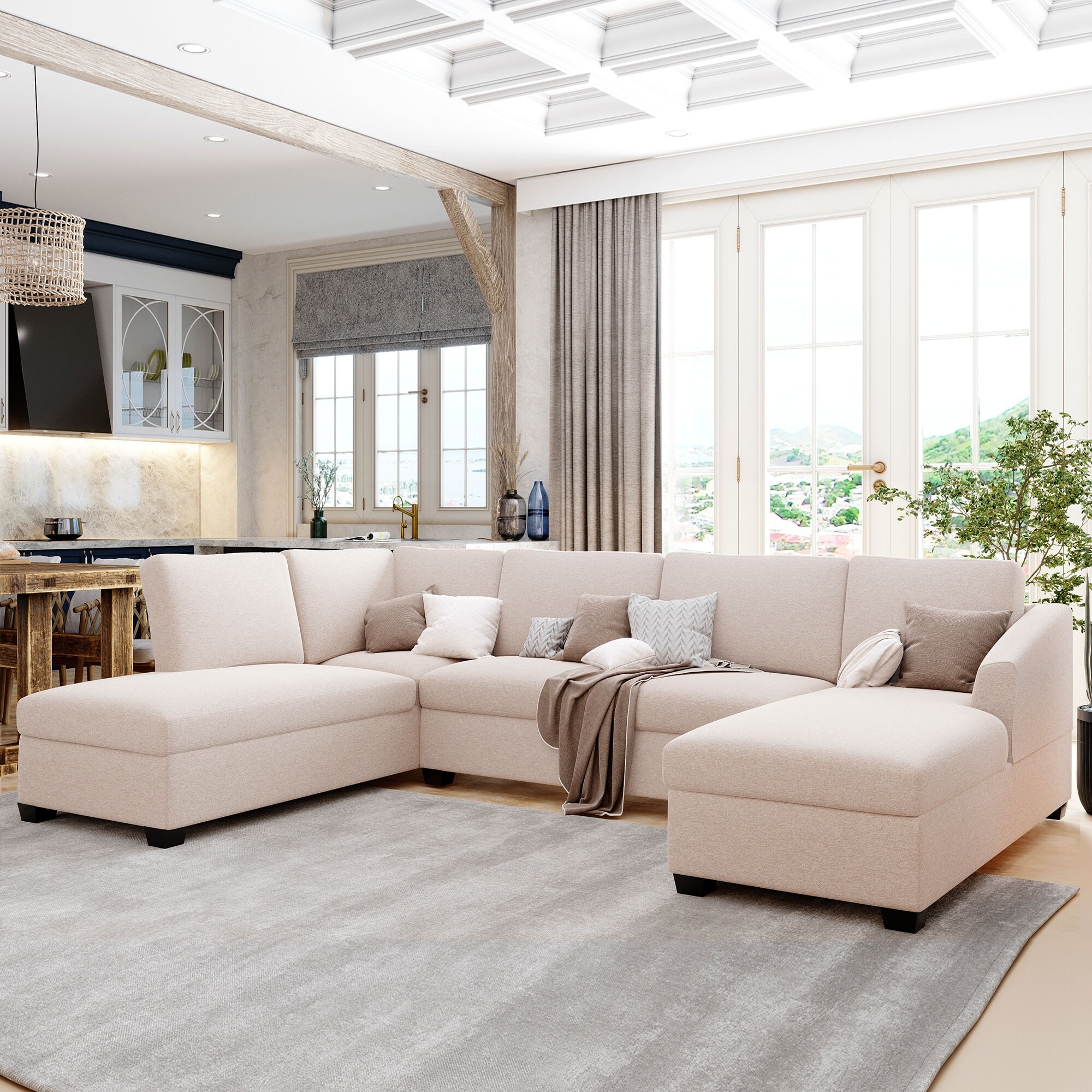 Beige U style Modern Large Sectional Sofa, with 2 seats and Double