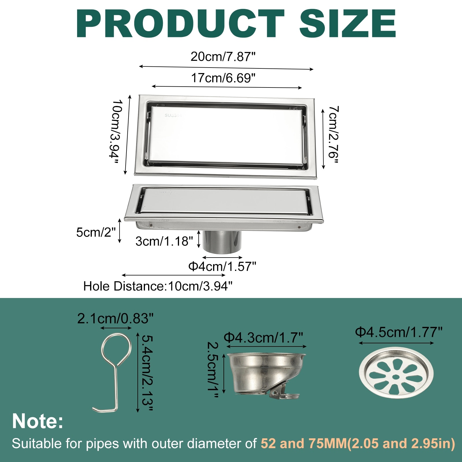 Rectangular Shower Drain, 304 Stainless Steel Odor-proof Floor Drain Linear Shower Drain Hair Catcher
