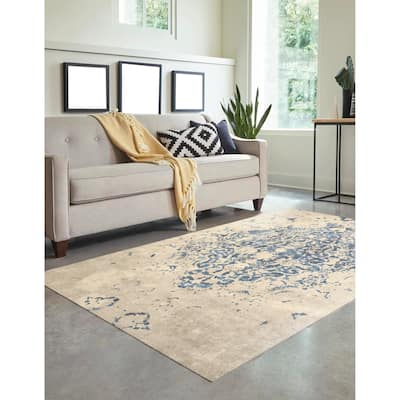 Blue Distressed Bohemian Moderno Medallion Rug by , Stylish and Trendy Area Rug for Adding Bohemian Elegance to You
