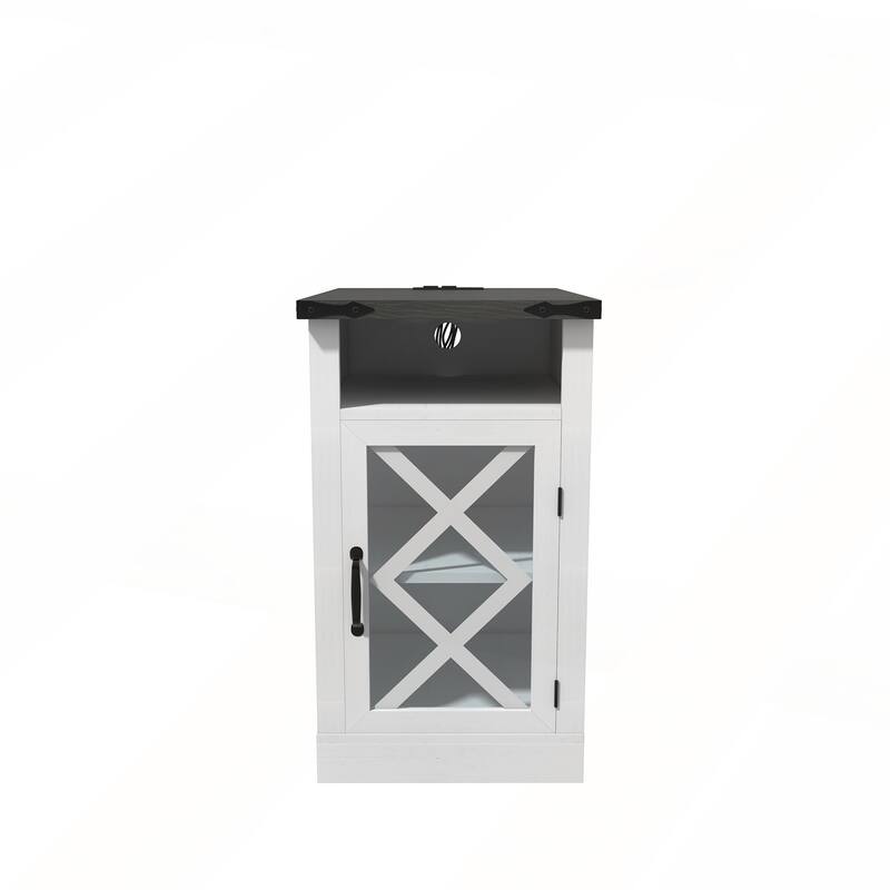 Farmhouse End Table with Charging Station abnd Adjustable Shelf for Living Room and Bedroom