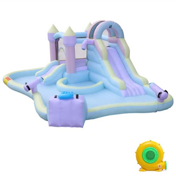 slide 2 of 5, Inflatable Bounce House With Double Water Slide And Air-Blower Purple