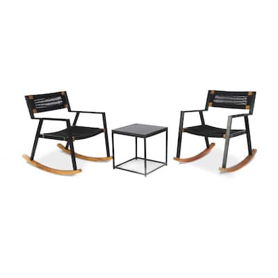 M4H Cabra 3-Piece Solid Wood Metal Rocking Outdoor Rope Chair Set