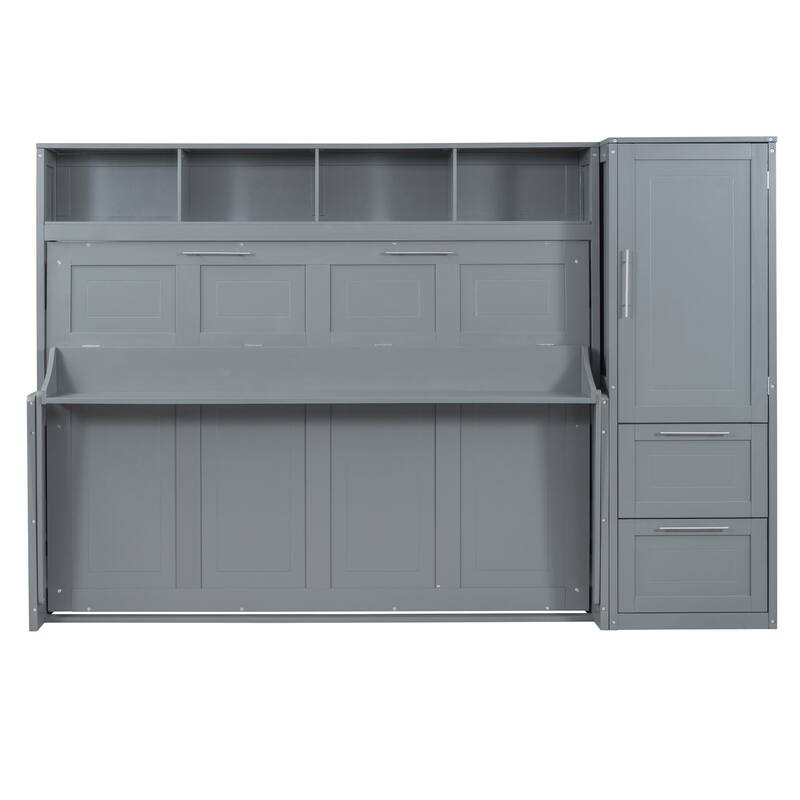 Murphy Bed with Storage and Closet, Full Size Wall Bed with Flip-Up Design, Customizable Configuration, White or Gray
