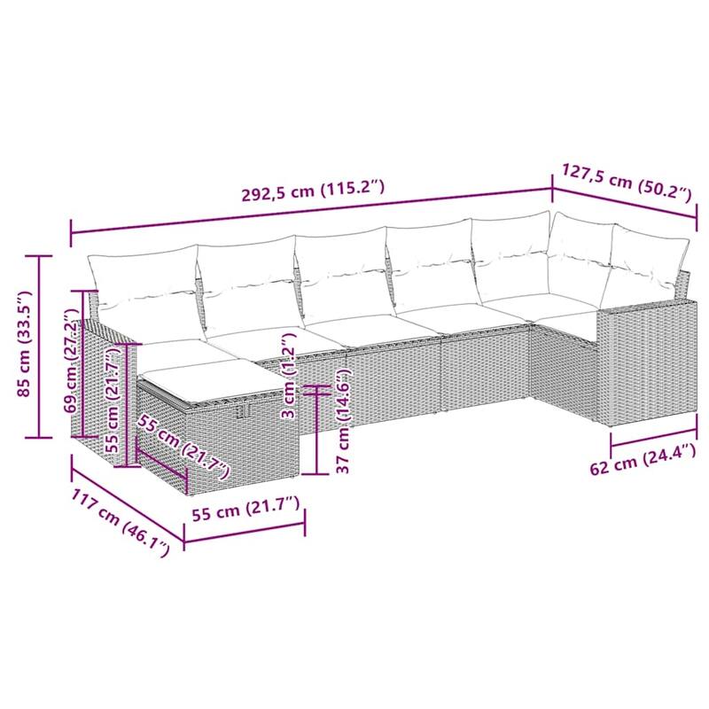 vidaXL 7 Piece Patio Sofa Set with Cushions Black Poly Rattan - 21.7 x 24.4 x 27.2