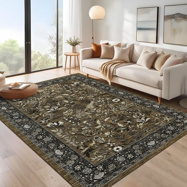 Botanical Area Rugs for Living Room Floral Leaves Pattern Rug Washable Farmhouse Soft Non-Slip Accent Carpet - 9'x12' - Brown
