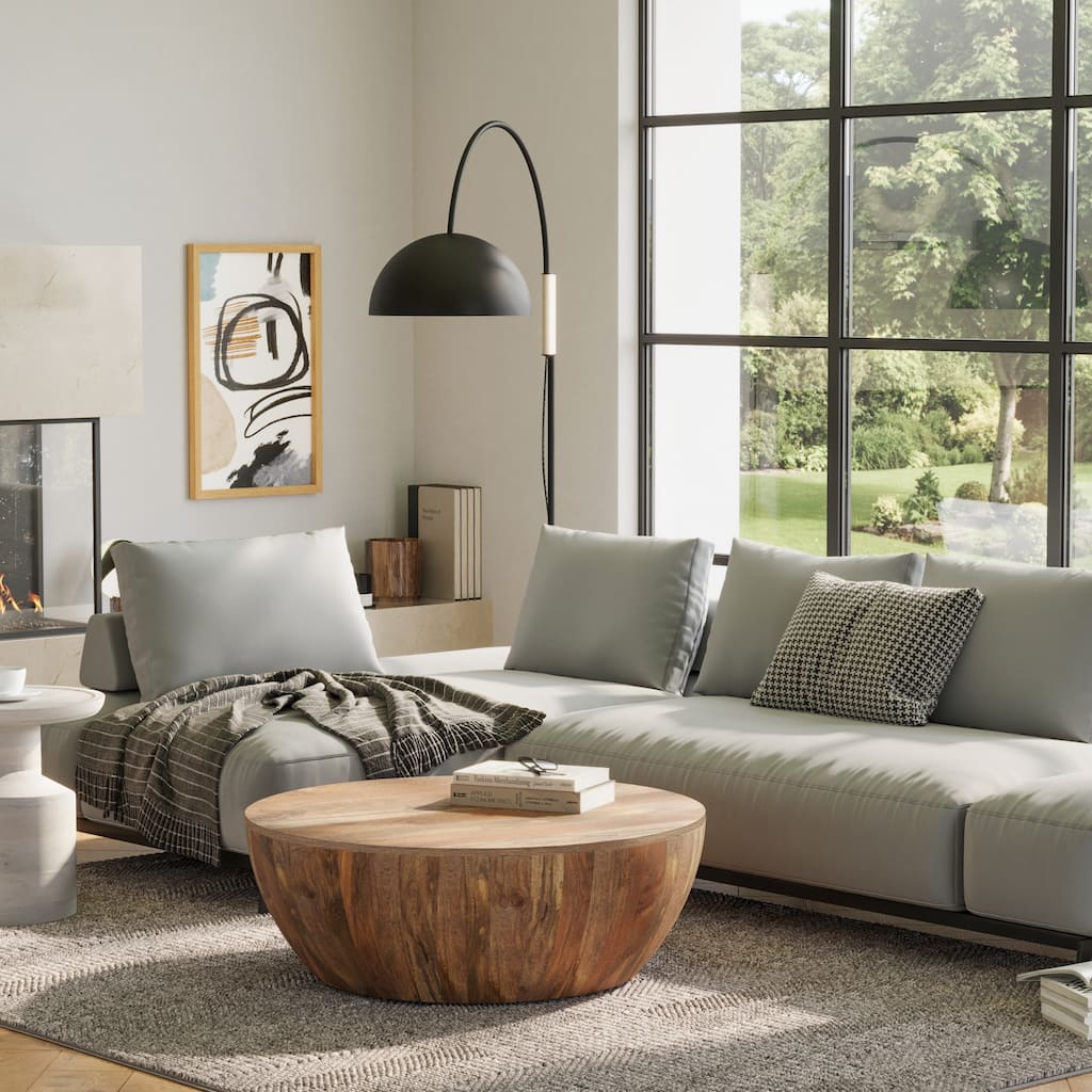 WYNDENHALL Keystone 34" Wide Solid Mango Modern Industrial Drum Coffee Table & Assembled - 34"d x 34" w x 12"h