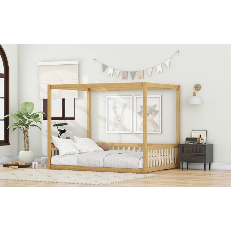 Roomfitters Full Canopy Floor Bed Frame with Rubber Wood Structure, Safety Guardrails, Low Profile Platform Design