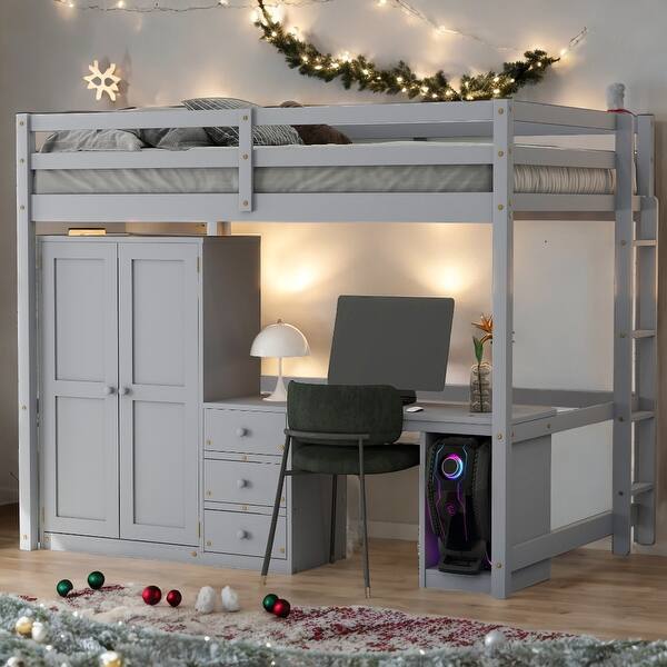 slide 2 of 18, Full Size Loft Bed with Wardrobe, Desk, Drawers, and Open Storage Cabinet, Multi-Functional Space-Saving Design, Gray Grey