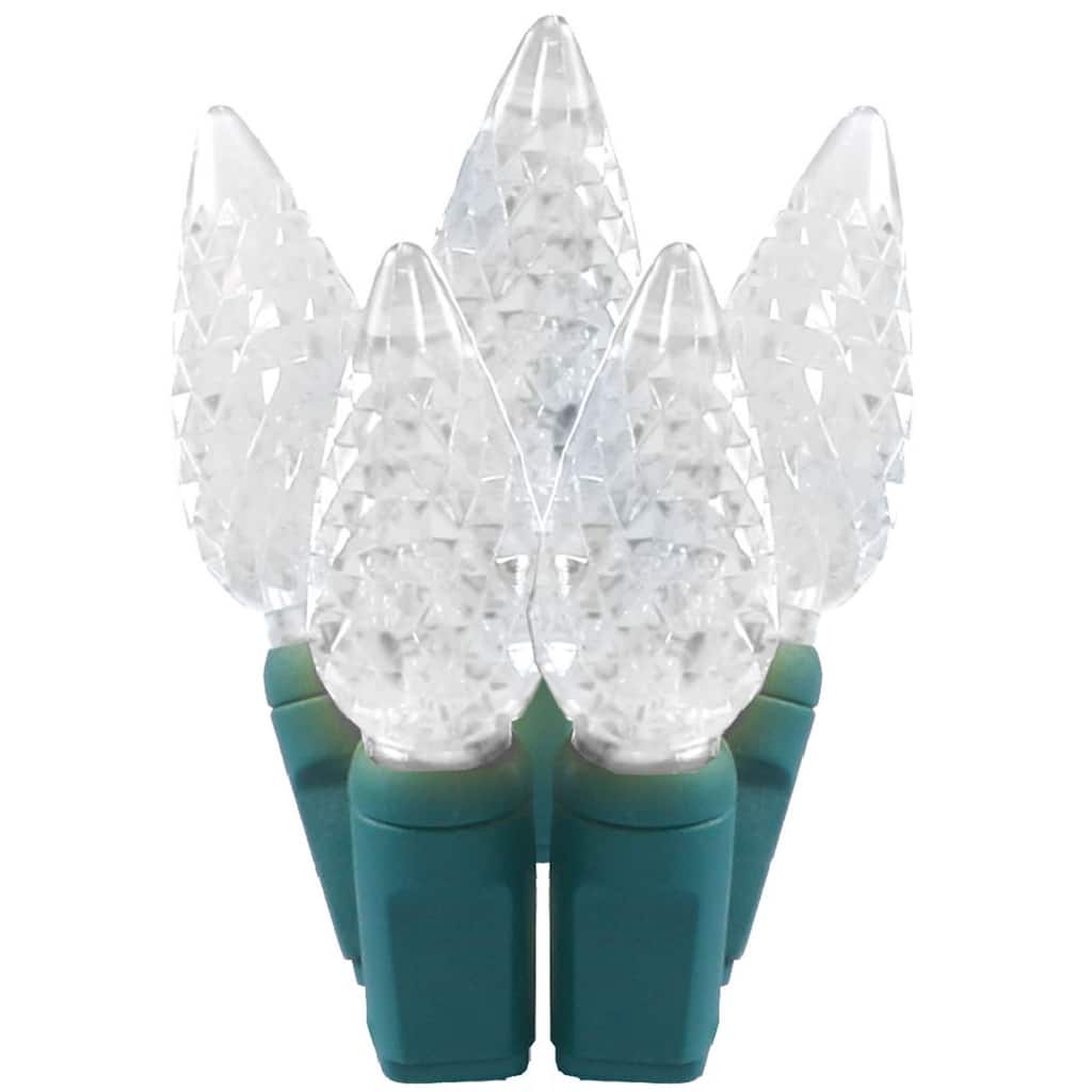 50 White LED C6 Faceted Christmas String Lights 25.17 ft Green Wire