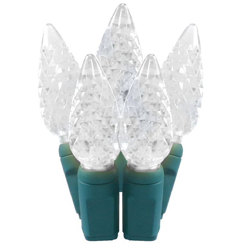 50 White LED C6 Faceted Christmas String Lights 25.17 ft Green Wire