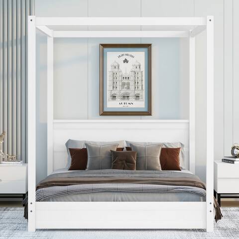 Queen Wooden Canopy Platform Bed with Headboard & Support Legs, White
