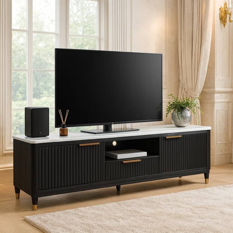 Frey TV Media Stand, 1 Drawer and Compartment, Brass Hardware, Black Wood