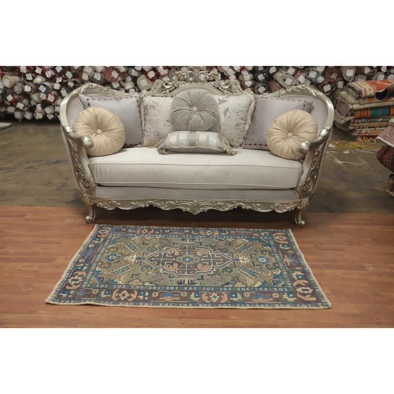 Hand Knotted Oriental 100% Wool Carpet Traditional Geometric Green Tabriz Area Rug - 4' 11'' X 3' 2''