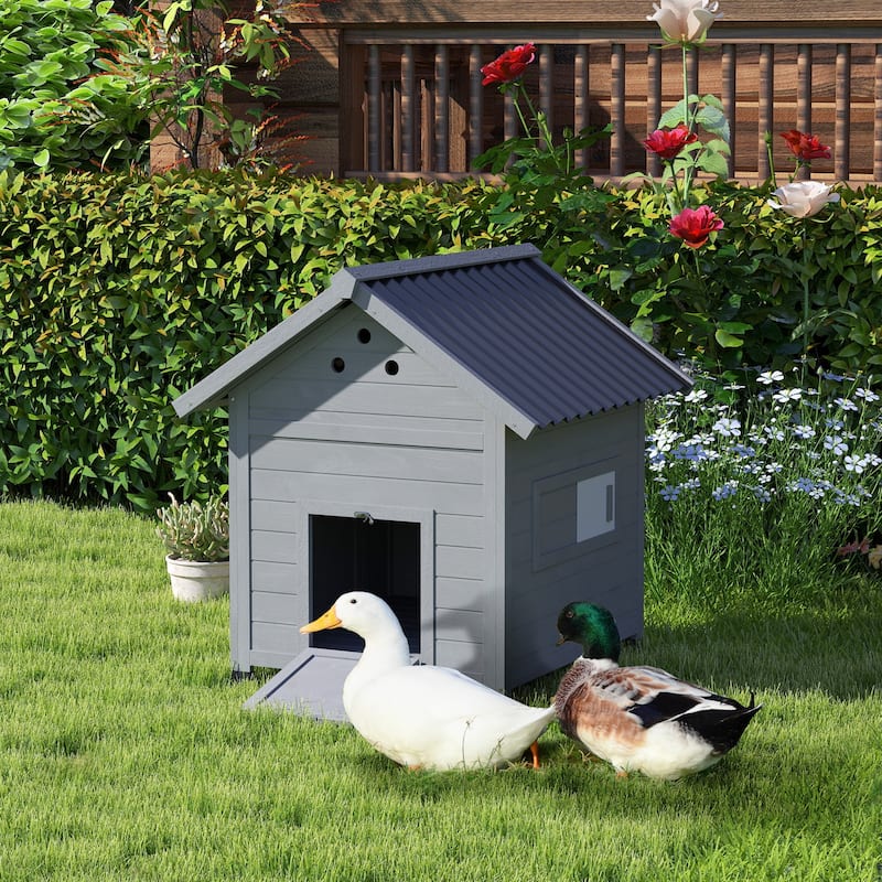 PawHut Duck Coop, Wooden Duck House, Outdoor Small Animal House with Openable Roof, Double Doors, Removable Base