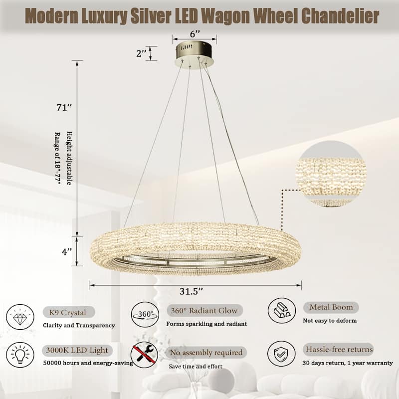 Unique/Statement Soft Gold LED Wagon Wheel Chandelier With Crystal Beads Accents