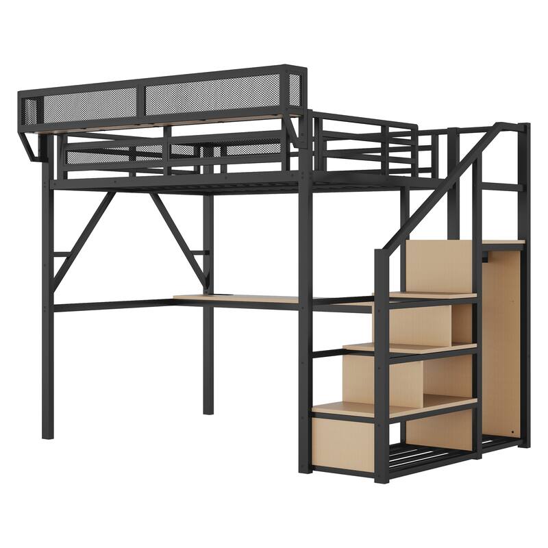Metal Loft Bed with Storage Stairs Upper Storage Shelves and Wardrobe, Metal Structure Bed Optional Desk Charging Station