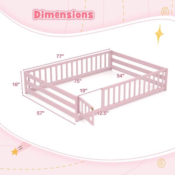dimension image slide 2 of 6, Costway Full Size Floor Bed with Full Length Safety Guardrails & Door