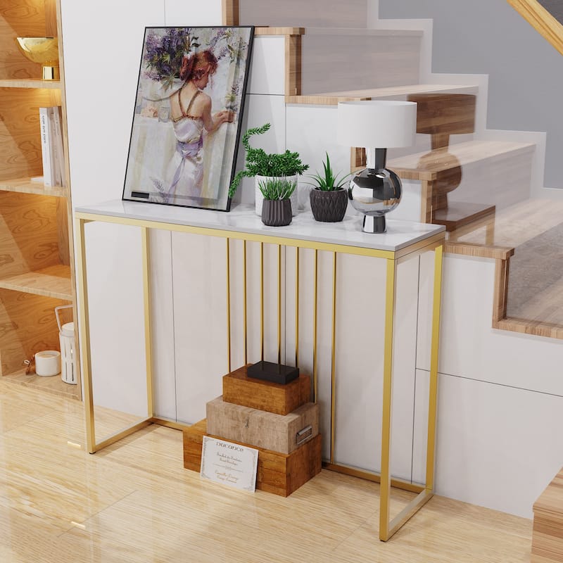 Sintered Stone Marble Skinny Console Table Gold Metal Frame Accent - 39.4x11.8x30.9in - Golden+White