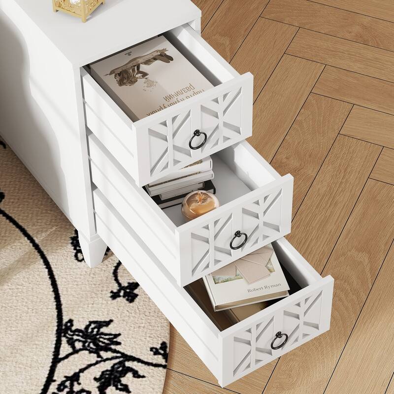 Tall Nightstand with Charging Station, Narrow Sofa Side Table with 3 Drawers & 2 Open Shelves, Solid Wood Entryway Accent Table