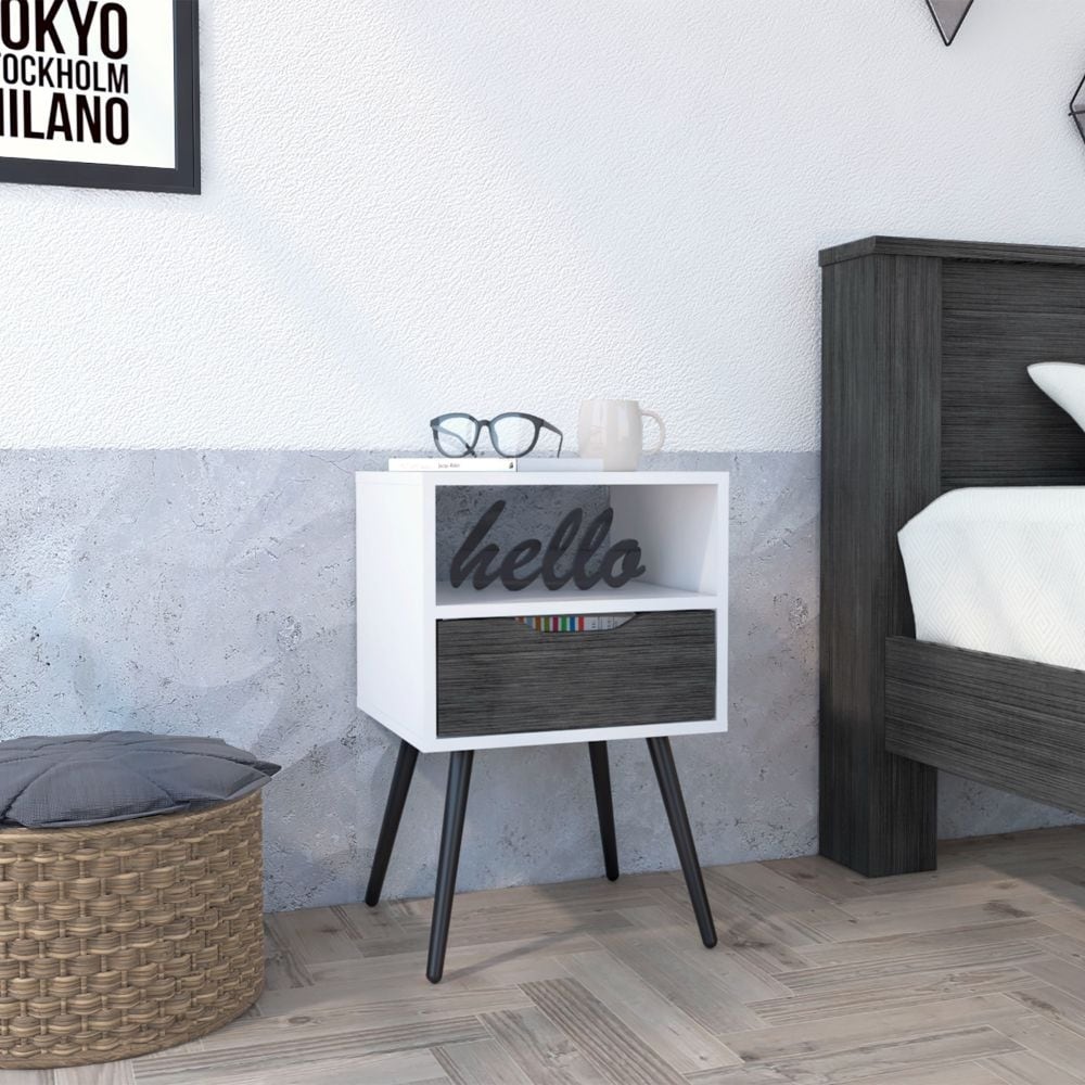 Smokey Oak & White Nightstand with Open Shelf and Single Drawer - Multicolor