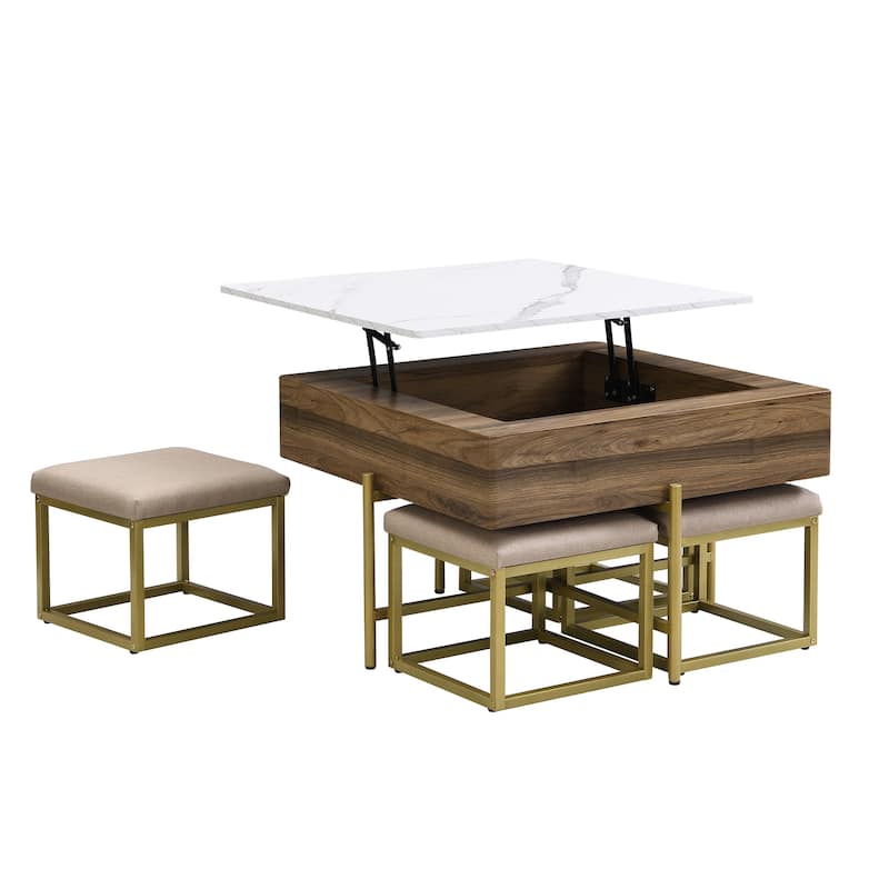 Mid-Century Lift Top Coffee Table Set, Large Square Storage Coffee Table with 4 Ottomans, Family Gathering Wooden Center Table