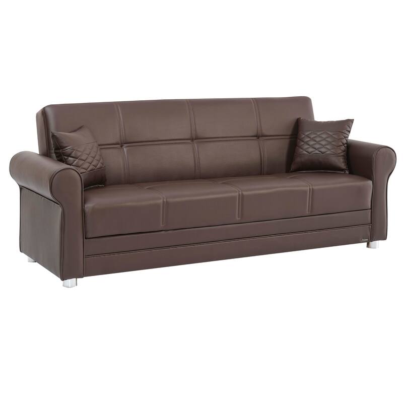 HomeRoots 89" Brown Faux Leather Convertible Futon Sleeper Sofa And Toss Pillows With Storage