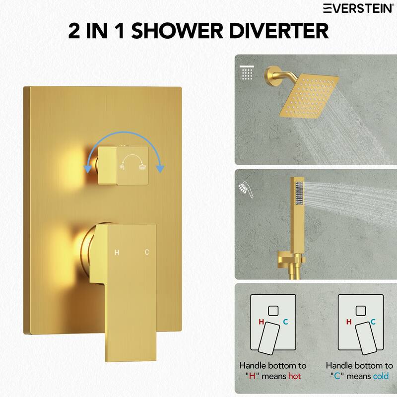 Wall Mounted 6 in Rain Shower Head Bathroom Shower Faucet Set 2-Setting Square Shower System With Rough-In Valve, & Handheld