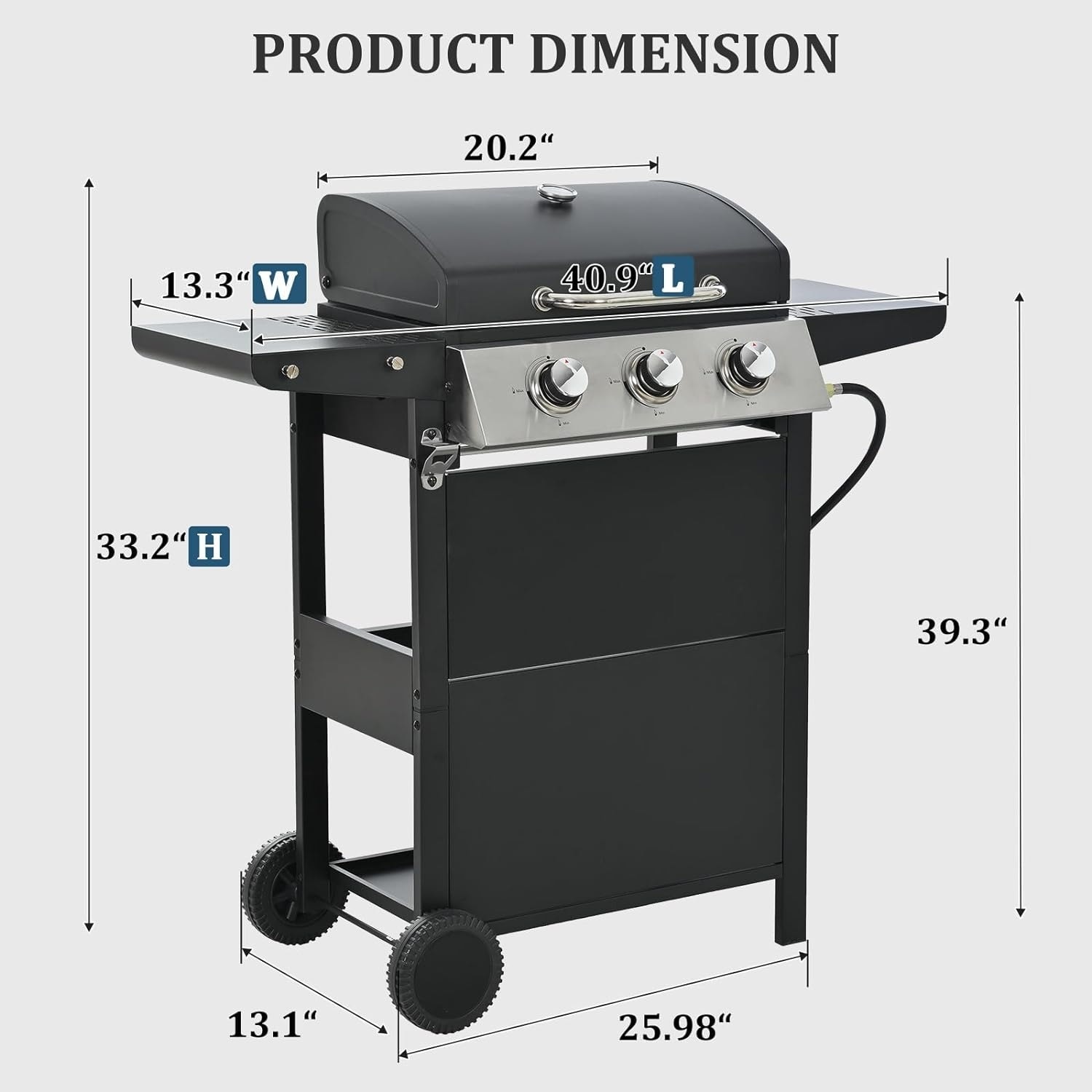 3 Burner Propane Gas BBQ Grill with Top Cover Lid Wheels Black